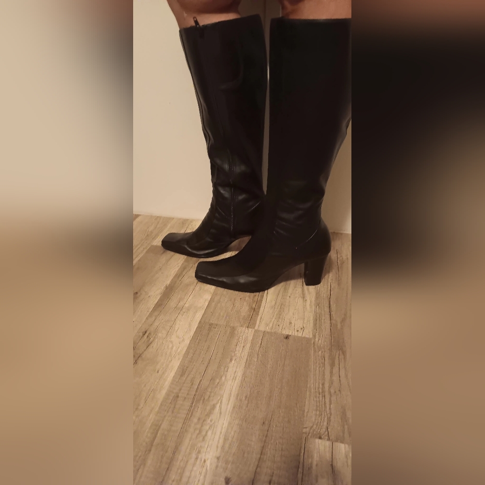 NINE WEST Zoras Black Leather Block Heel Square Toe Knee High Boots ~9.5M